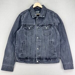 Lazer Jean Trucker Jacket Mens Medium Black Denim Retro Biker Y2K Vintage